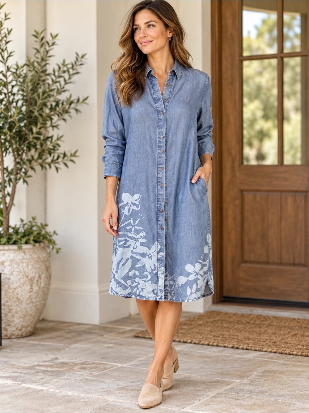 Soft Surroundings Brise Florale Dress PM Blue Tencel Chambray Floral Shirt Dress